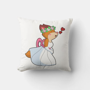 Fuchs als Braut mit Hochzeitskleid und Blumenkranz Kissen