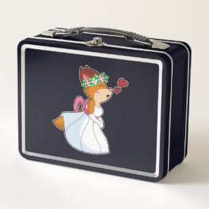 Fuchs als Braut mit Hochzeitskleid und Blumenkranz Metall Brotdose