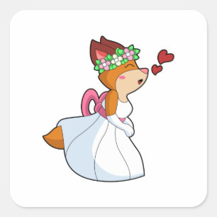 Fuchs als Braut mit Hochzeitskleid und Blumenkranz Quadratischer Aufkleber