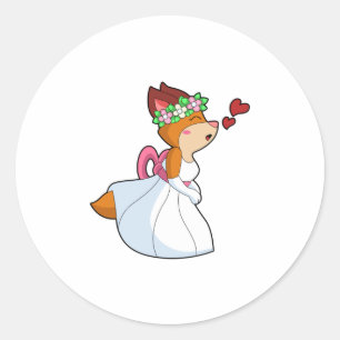 Fuchs als Braut mit Hochzeitskleid und Blumenkranz Runder Aufkleber