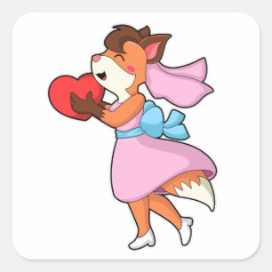 Fuchs als Braut mit Kleid und Herz Quadratischer Aufkleber