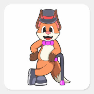 Fuchs als Gentleman mit Hut und Stock Quadratischer Aufkleber