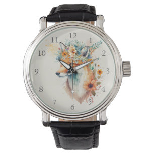 Fuchs-Blumenkrone Aquarell Armbanduhr