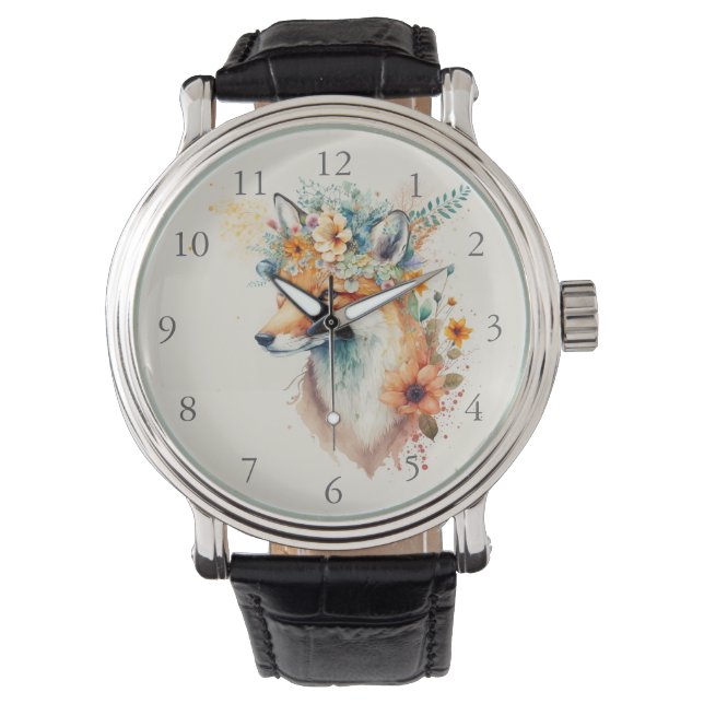 Fuchs-Blumenkrone Aquarell Armbanduhr (Vorderseite)