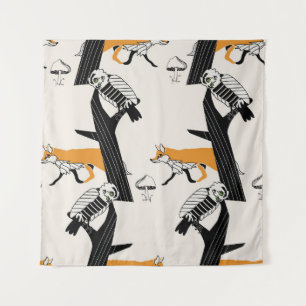 Fuchs, Eule, Baum, Vintag nahtlos. Wandteppich