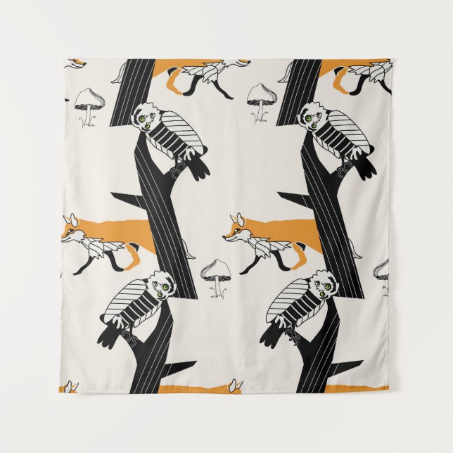 Fuchs, Eule, Baum, Vintag nahtlos. Wandteppich (Vorderseite)
