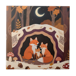 Fuchs-Familie Herbstwaldhöhle Fliese