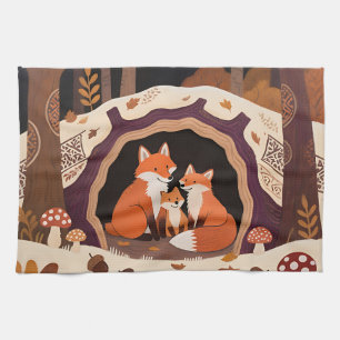 Fuchs-Familie Herbstwaldhöhle Geschirrtuch