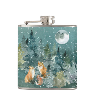 Fuchs Familie im Wald Vollmond Schneefall Flachmann