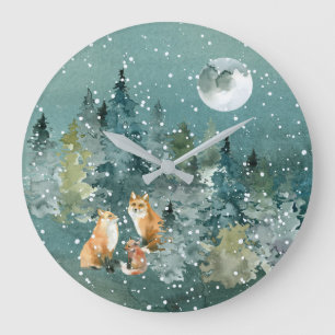 Fuchs Familie im Wald Vollmond Schneefall Große Wanduhr