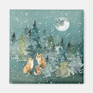 Fuchs Familie im Wald Vollmond Schneefall Magnet