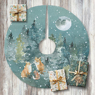Fuchs Familie im Wald Vollmond Schneefall Polyester Weihnachtsbaumdecke