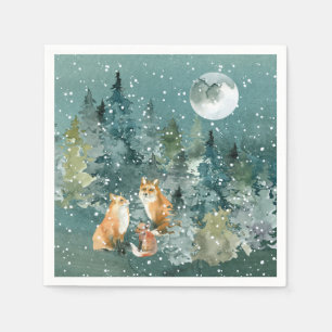 Fuchs Familie im Wald Vollmond Schneefall Urlaub Serviette