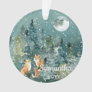 Fuchs-Familie im Wald Vollmond Schneefall Wasserfa Ornament