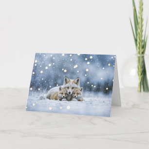Fuchs-Familie Mutter und Welpen im Schnee Weihnach Karte