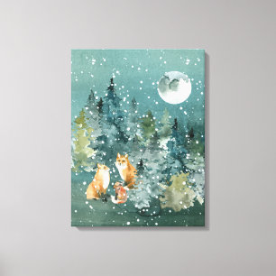 Fuchs-Familienwald bei Vollmond-Schneefall Leinwanddruck