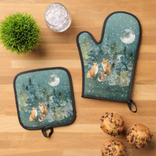 Fuchs-Familienwald Vollmond-Schneefall Weihnachten Ofenhandschuh & Topflappen-Set