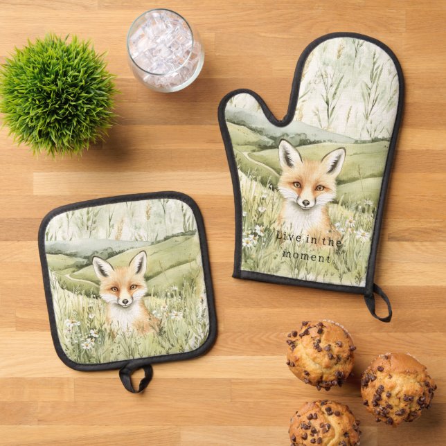 Fuchs Gänseblümchen Blumen Ofenhandschuh & Topflappen-Set (Oben Unten)