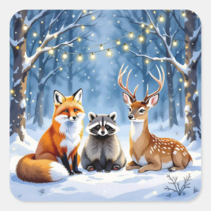 Fuchs, Hirsch und Waschbär im festlichen Weihnacht Quadratischer Aufkleber