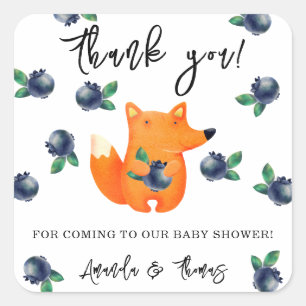 Fuchs mit Blaubeeren - Danke Baby Shower Quadratischer Aufkleber