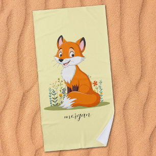 Fuchs mit Blumen, Name des Kindes auf blassgelb Strandtuch