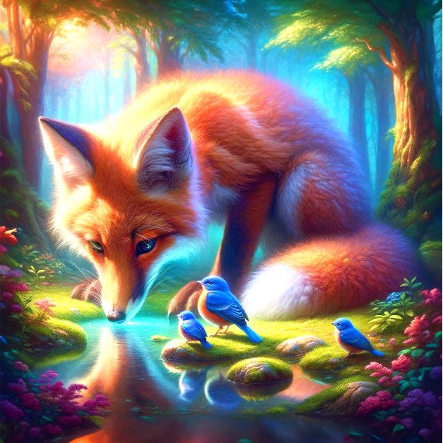 Fuchs mit Rotkehlchen im Wald (Escape to nature's embrace with the Fox and American Robins puzzle. Serenity awaits!)