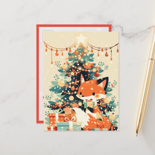 Fuchs mit Weihnachtsbaum und Geschenken Postkarte (Vorderseite/Rückseite Beispiel)