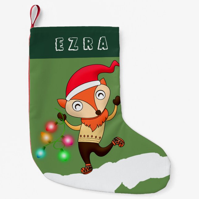 FUCHS MIT WEIHNACHTSlichtern CHRISMTAS. NIEDLICHER Kleiner Weihnachtsstrumpf (Vorderseite)