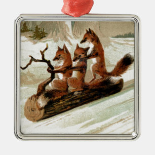 Fuchs-Schlittenfahrt-Vintage-Druck Silbernes Ornament