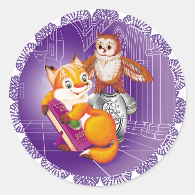 Fuchs und Eule Runder Aufkleber (Vorderseite)