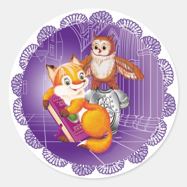 Fuchs und Eule Runder Aufkleber (Vorderseite)