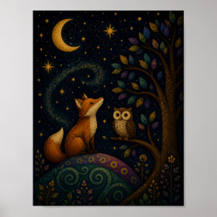 Fuchs und Eule unter Mondlicht, Cartoon-Kunst Poster
