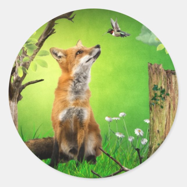 Fuchs und Kolibri Runder Aufkleber (Vorderseite)