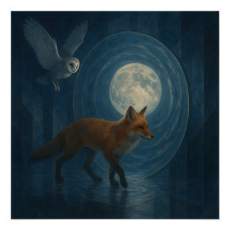 Fuchs und Schleiereule unter dem mondbeschienenen Poster
