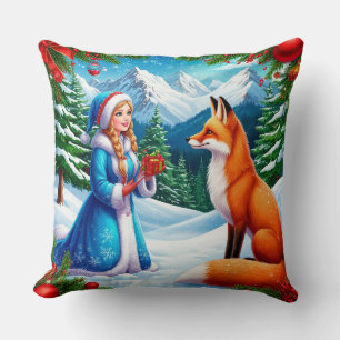 Fuchs und Schneemädchen in einer winterlichen Wald Kissen