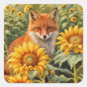 Fuchs und Sonnenblumen hübsch verzaubernd  Quadratischer Aufkleber