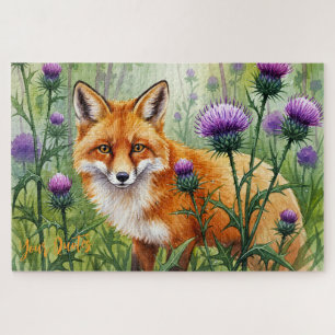 Fuchs unter lila Distelblüten Aquarell