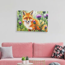 Fuchs unter lila Distelblüten Aquarell