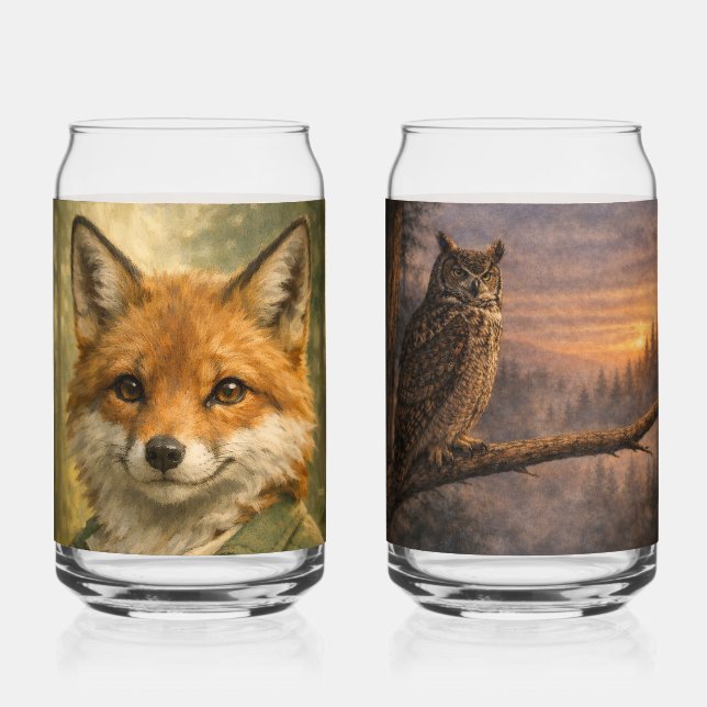 Fuchs-Wald-Ranger + Eule bei Dämmerung Glas-Set Dosenglas (Vorderseite)