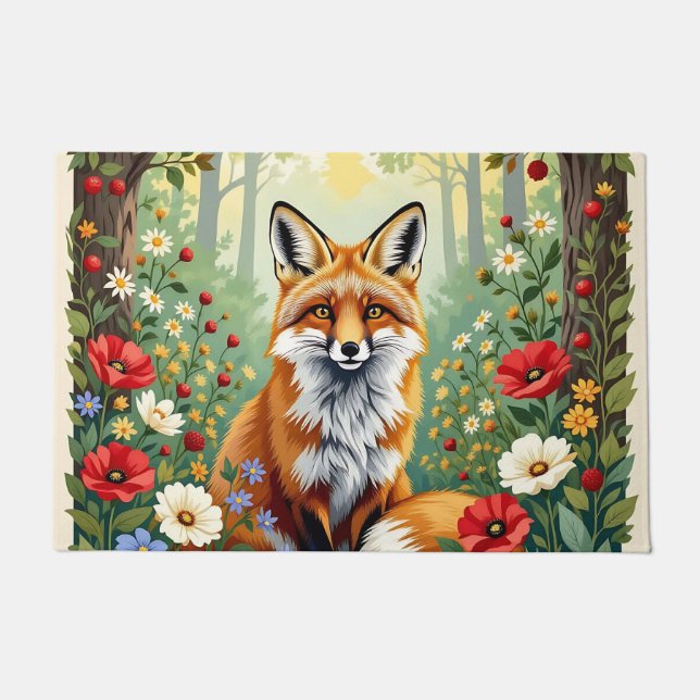 Fuchs-Wildblumen-Wald-Illustration Fußmatte (Vorderseite)