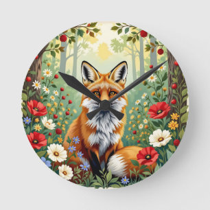Fuchs-Wildblumen-Wald-Illustration Runde Wanduhr