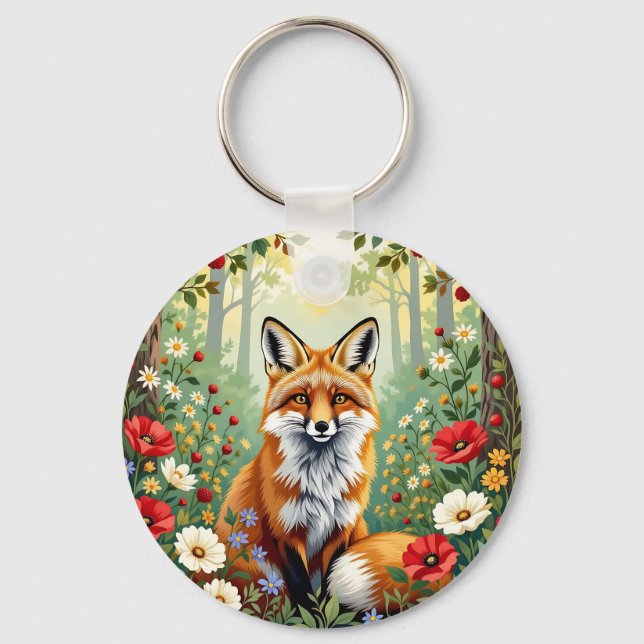 Fuchs-Wildblumen-Wald-Illustration Schlüsselanhänger (Vorderseite)