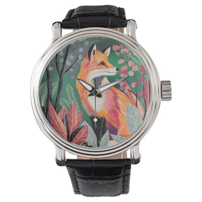 Fuchs Zauberwald Hand-Painted Nature Illustrations Armbanduhr (Vorderseite)