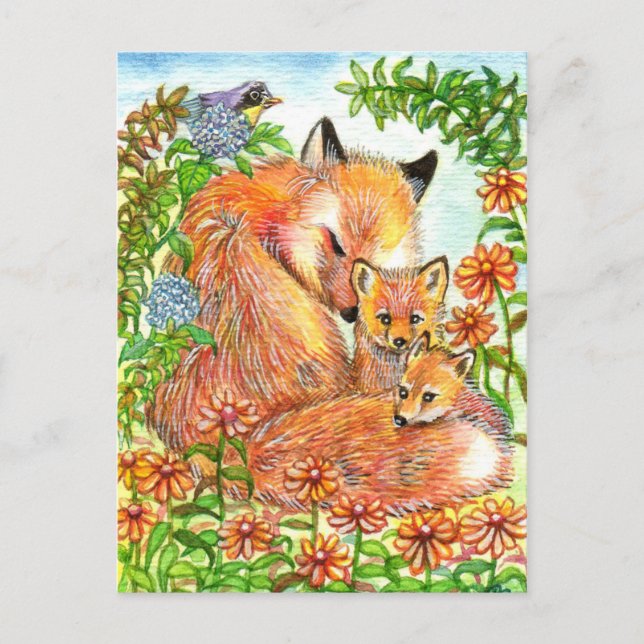 Füchse im Blume-Pflaster Postkarte (Vorderseite)