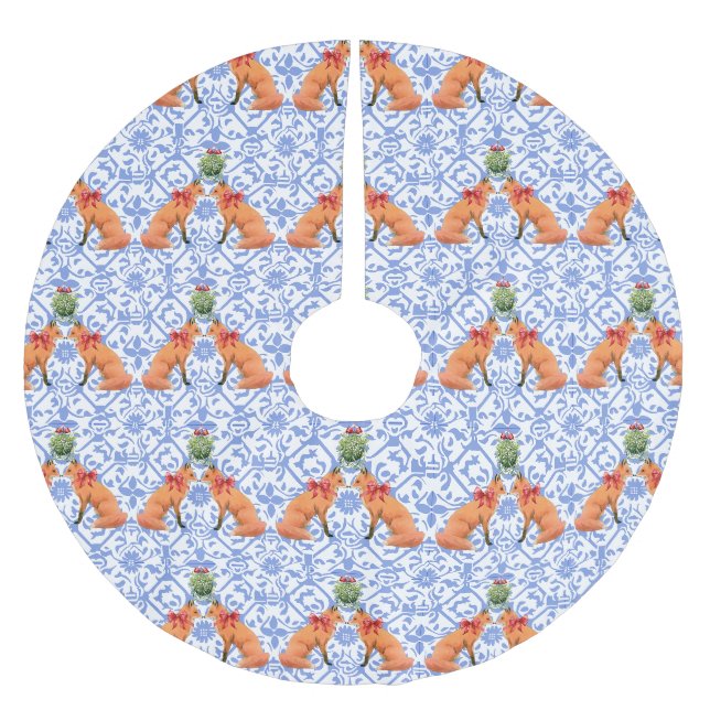 Füchse Küssen unter Mistletoe Blue Chinoiserie Polyester Weihnachtsbaumdecke (Vorderseite)
