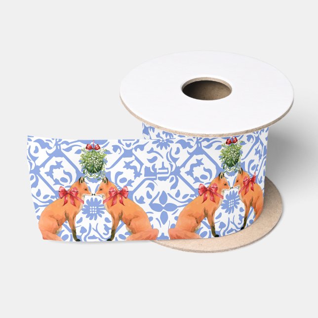 Füchse Küssen unter Mistletoe Blue Chinoiserie Satinband (Spule)