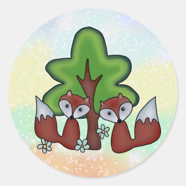 Füchse mit Baum  Runder Aufkleber (Vorderseite)