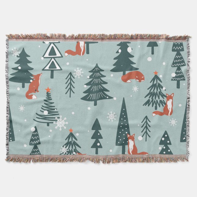Füchse, Tannen, Winter, bunte Muster Decke (Vorderseite)