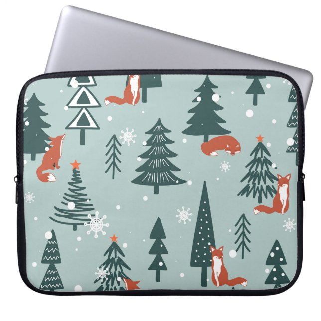 Füchse, Tannen, Winter, bunte Muster Laptopschutzhülle (Vorderseite)