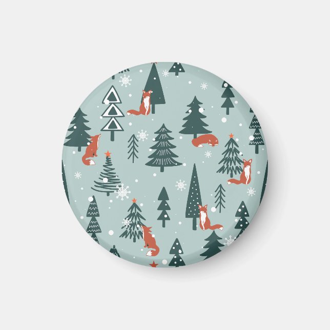 Füchse, Tannen, Winter, bunte Muster Magnet (Vorne)